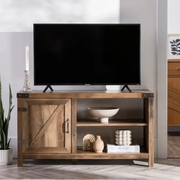 Tv Stands & Media Consoles-Kirkland's Home Barn Door Rustic Oak Tv Stand With Open Shelves Brown