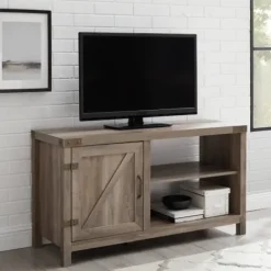 Tv Stands & Media Consoles-Kirkland's Home Barn Door Wash Tv Stand With Open Shelves Gray