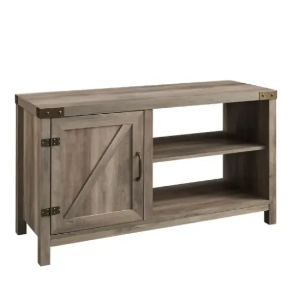 Tv Stands & Media Consoles-Kirkland's Home Barn Door Wash Tv Stand With Open Shelves Gray