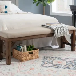 Benches & Ottomans-Kirkland's Home Basketweave Upholstered Wood Bench Tan