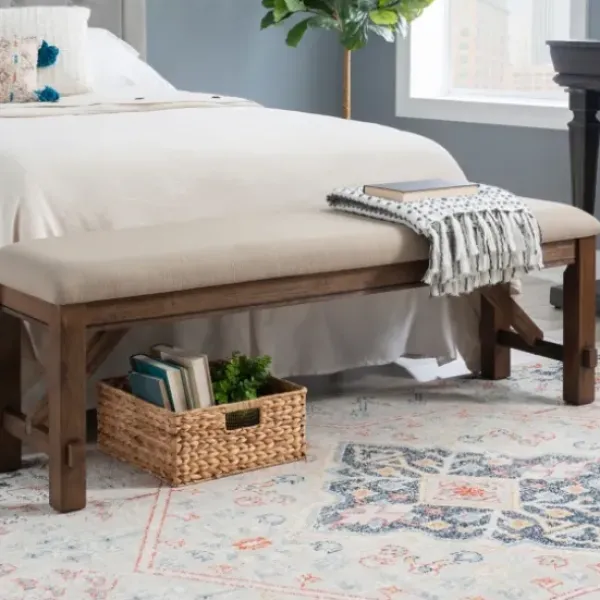 Benches & Ottomans-Kirkland's Home Basketweave Upholstered Wood Bench Tan
