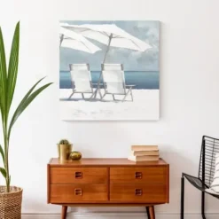 Canvas Art-Kirkland's Home Beach Chairs And Umbrella Coastal Canvas Art Print Blue