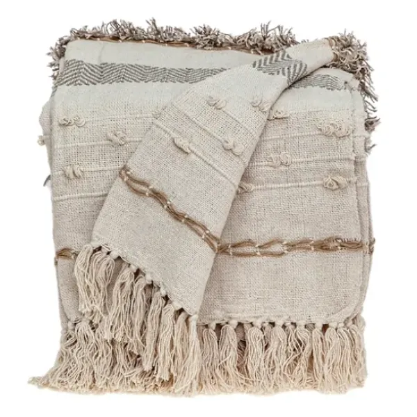 Blankets & Throws-Kirkland's Home Beige And Cream Eclectic Woven Throw With Tassels Ivory/Tan