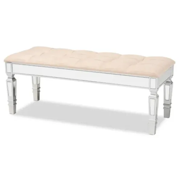 Benches & Ottomans-Kirkland's Home Beige Button Tufted Bench With Mirrored Base Tan