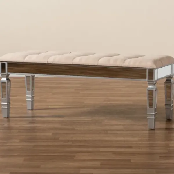 Benches & Ottomans-Kirkland's Home Beige Button Tufted Bench With Mirrored Base Tan