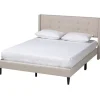 Beds & Headboards-Kirkland's Home Beige Button Tufted Headboard Full Platform Bed Tan