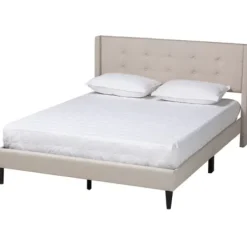 Beds & Headboards-Kirkland's Home Beige Button Tufted Headboard Full Platform Bed Tan