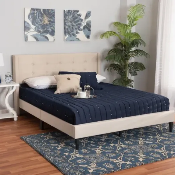 Beds & Headboards-Kirkland's Home Beige Button Tufted Headboard Full Platform Bed Tan
