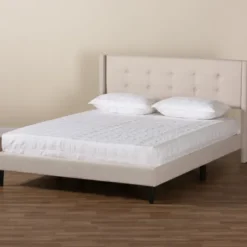 Beds & Headboards-Kirkland's Home Beige Button Tufted Headboard Full Platform Bed Tan