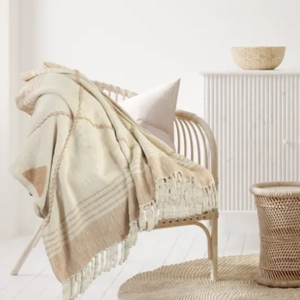 Blankets & Throws-Kirkland's Home Beige Cotton Diamond Geometric Fringe Throw Tan