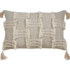 Pillows-Kirkland's Home Beige Frayed Tassel Lumbar Pillow Tan/White