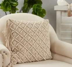 Blankets & Throws-Kirkland's Home Beige Macrame Design Throw Pillow Tan