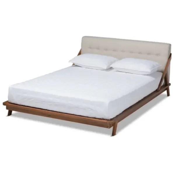 Beds & Headboards-Kirkland's Home Beige Tufted And Natural Walnut Full Platform Bed Tan