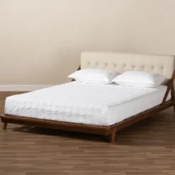 Beds & Headboards-Kirkland's Home Beige Tufted And Natural Walnut Full Platform Bed Tan