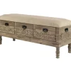Benches & Ottomans-Kirkland's Home Beige Upholstered Acanthus Carved Wooden Bench Tan