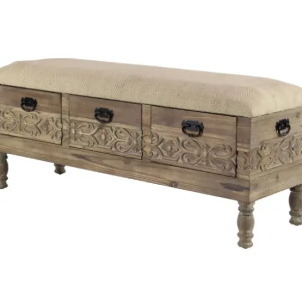 Benches & Ottomans-Kirkland's Home Beige Upholstered Acanthus Carved Wooden Bench Tan
