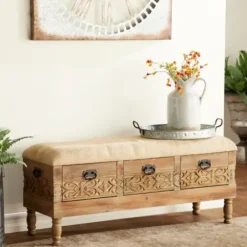 Benches & Ottomans-Kirkland's Home Beige Upholstered Acanthus Carved Wooden Bench Tan
