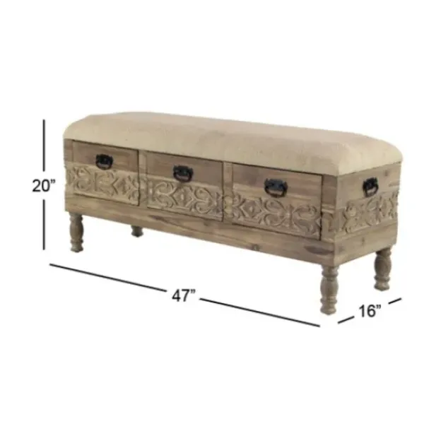 Benches & Ottomans-Kirkland's Home Beige Upholstered Acanthus Carved Wooden Bench Tan