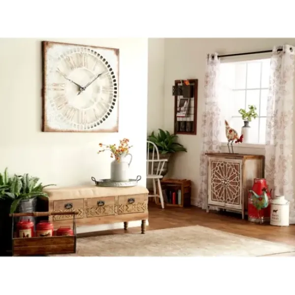 Benches & Ottomans-Kirkland's Home Beige Upholstered Acanthus Carved Wooden Bench Tan