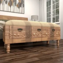 Benches & Ottomans-Kirkland's Home Beige Upholstered Acanthus Carved Wooden Bench Tan