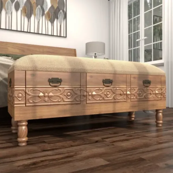 Benches & Ottomans-Kirkland's Home Beige Upholstered Acanthus Carved Wooden Bench Tan