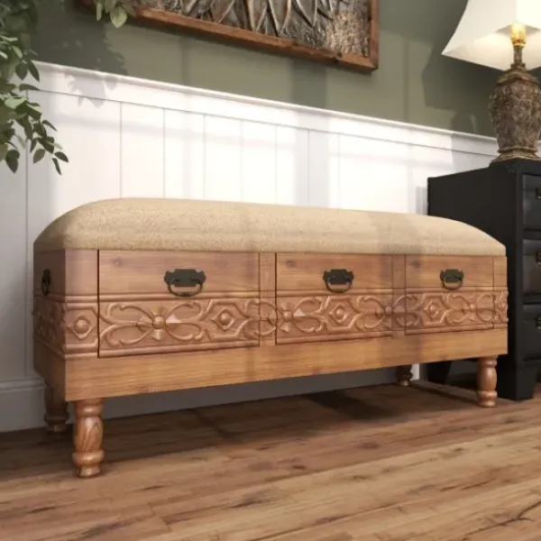 Benches & Ottomans-Kirkland's Home Beige Upholstered Acanthus Carved Wooden Bench Tan