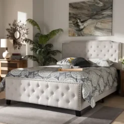 Beds & Headboards-Kirkland's Home Beige Upholstered Button Tufted King Panel Bed Ivory