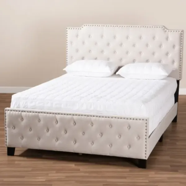 Beds & Headboards-Kirkland's Home Beige Upholstered Button Tufted King Panel Bed Ivory