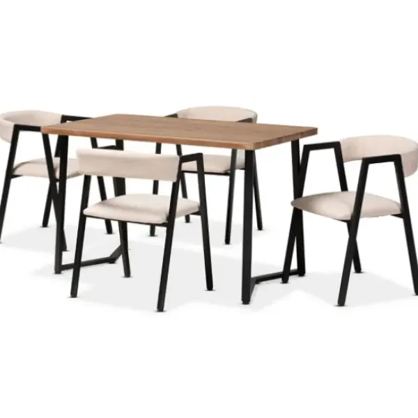 Dining Tables-Kirkland's Home Beige Upholstered Metal Frame 5-Pc. Dining Set Tan