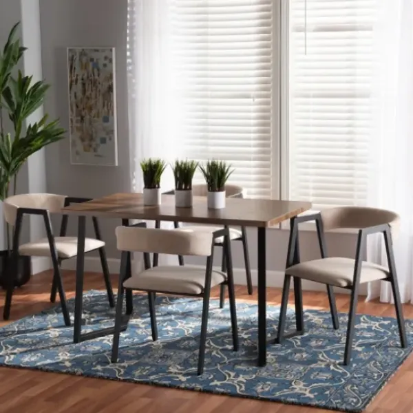 Dining Tables-Kirkland's Home Beige Upholstered Metal Frame 5-Pc. Dining Set Tan