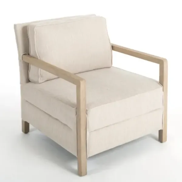 Accent Chairs-Kirkland's Home Beige Upholstered Wood Arm Accent Chair Tan