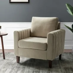 Accent Chairs-Kirkland's Home Beige Velvet Channel Stitch Accent Chair Tan