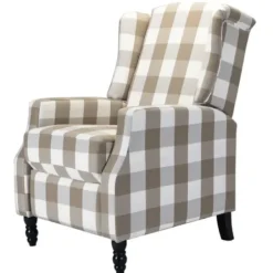 Accent Chairs-Kirkland's Home Beige Windowpane Plaid Recliner Tan/White