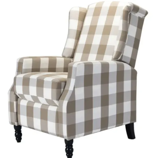 Accent Chairs-Kirkland's Home Beige Windowpane Plaid Recliner Tan/White