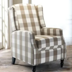 Accent Chairs-Kirkland's Home Beige Windowpane Plaid Recliner Tan/White