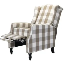 Accent Chairs-Kirkland's Home Beige Windowpane Plaid Recliner Tan/White