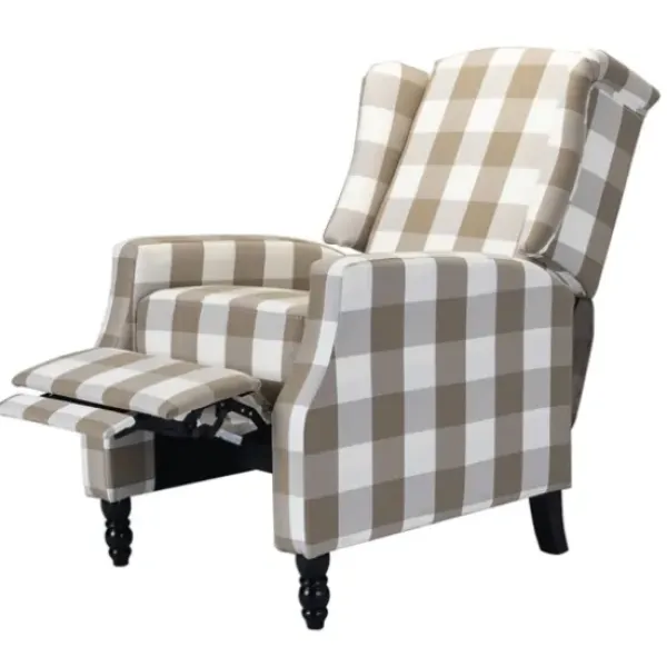 Accent Chairs-Kirkland's Home Beige Windowpane Plaid Recliner Tan/White