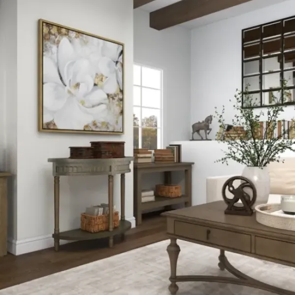 Console Tables-Kirkland's Home Beige Wood And Metal Half Moon Console Table Tan