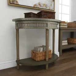 Console Tables-Kirkland's Home Beige Wood And Metal Half Moon Console Table Tan