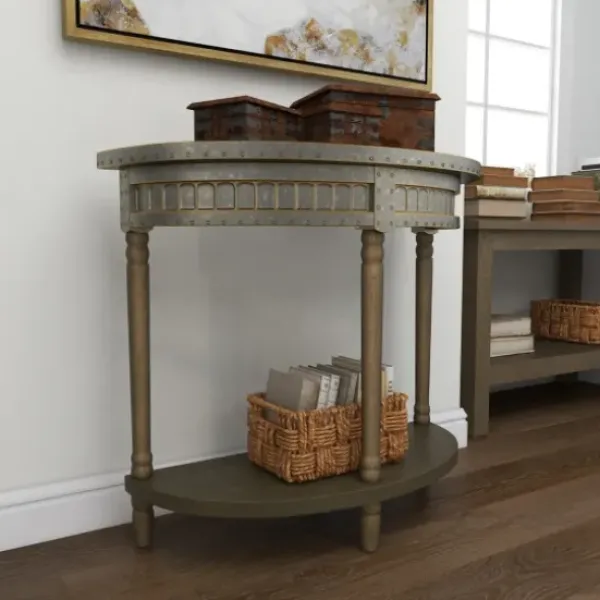 Console Tables-Kirkland's Home Beige Wood And Metal Half Moon Console Table Tan