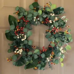 Wreaths-Kirkland's Home Berry Trio And Eucalyptus Christmas Wreath, 24 In. Green/Red/Yellow/White