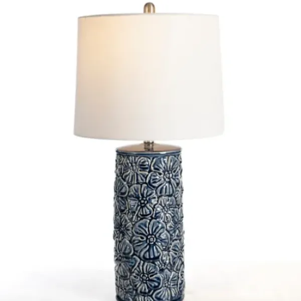 Table Lamps-Kirkland's Home Berto Glazed Denim Floral Table Lamp Blue