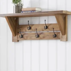 Hooks-Kirkland's Home Beth Acacia Wood Wall Shelf With Hooks