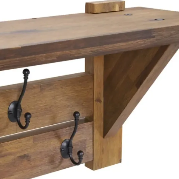 Hooks-Kirkland's Home Beth Acacia Wood Wall Shelf With Hooks