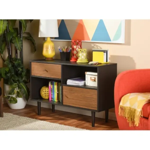Cabinets & Sideboards-Kirkland's Home Black And Brown Wood Open Shelf Cabinet