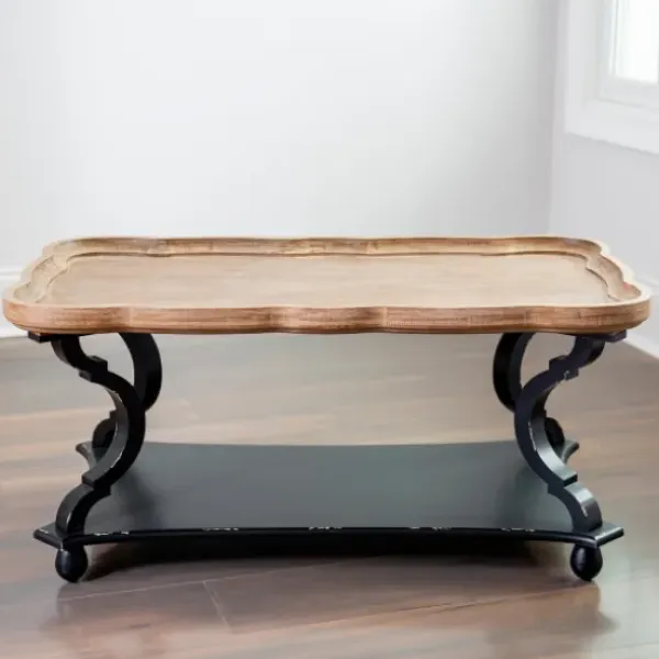 Coffee Tables-Kirkland's Home Black And Natural Corina Scalloped Coffee Table Black/Tan