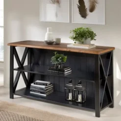 Console Tables-Kirkland's Home Black And Rustic Oak Wood Farmhouse Console Table Black/Brown