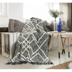 Blankets & Throws-Kirkland's Home Black And White Cotton Geometric Tufted Throw Black/White