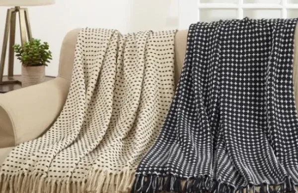Blankets & Throws-Kirkland's Home Black And White Stitched Cotton Throw Black/White