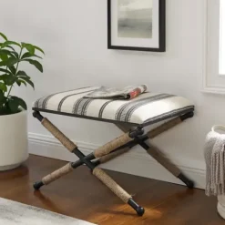 Benches & Ottomans-Kirkland's Home Black And White Striped Upholstered Ottoman Black/White
